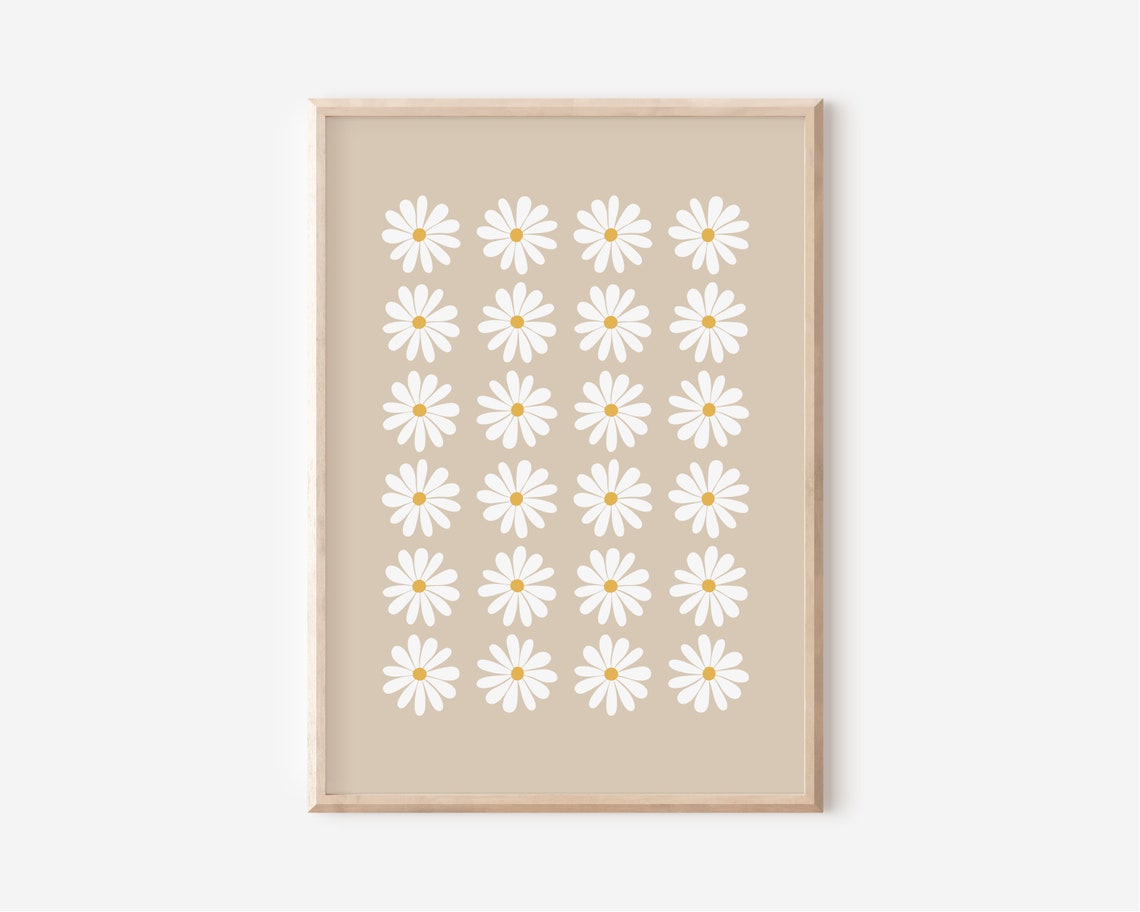 White Daisy Flower Grid Beige Background Nursery Boho Decor Poster - Image 3