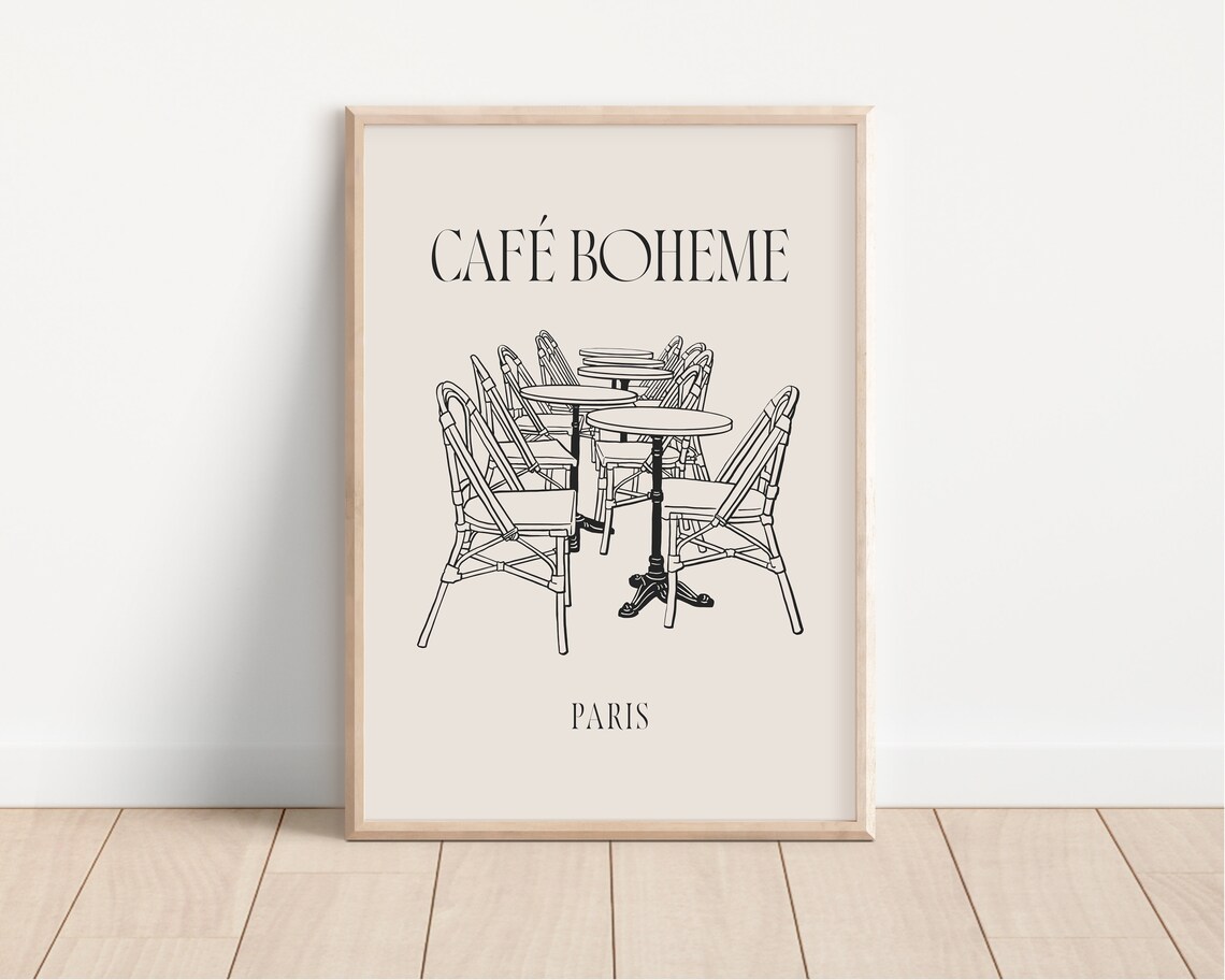 Cafe Boheme Paris Bistro Chairs Line Sketch French Kitchen Poster - Image 2
