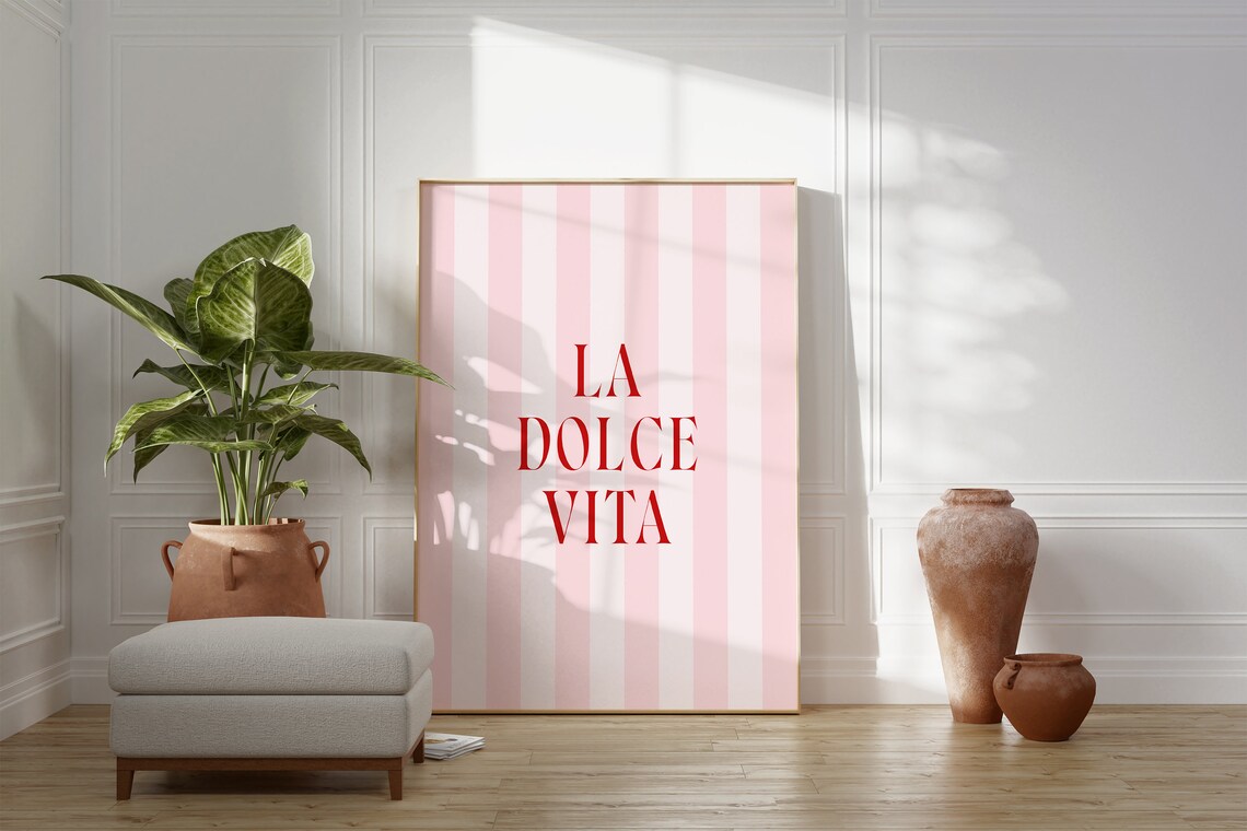 La Dolce Vita Italian Quote Red Typography Pink Striped Poster - Image 3
