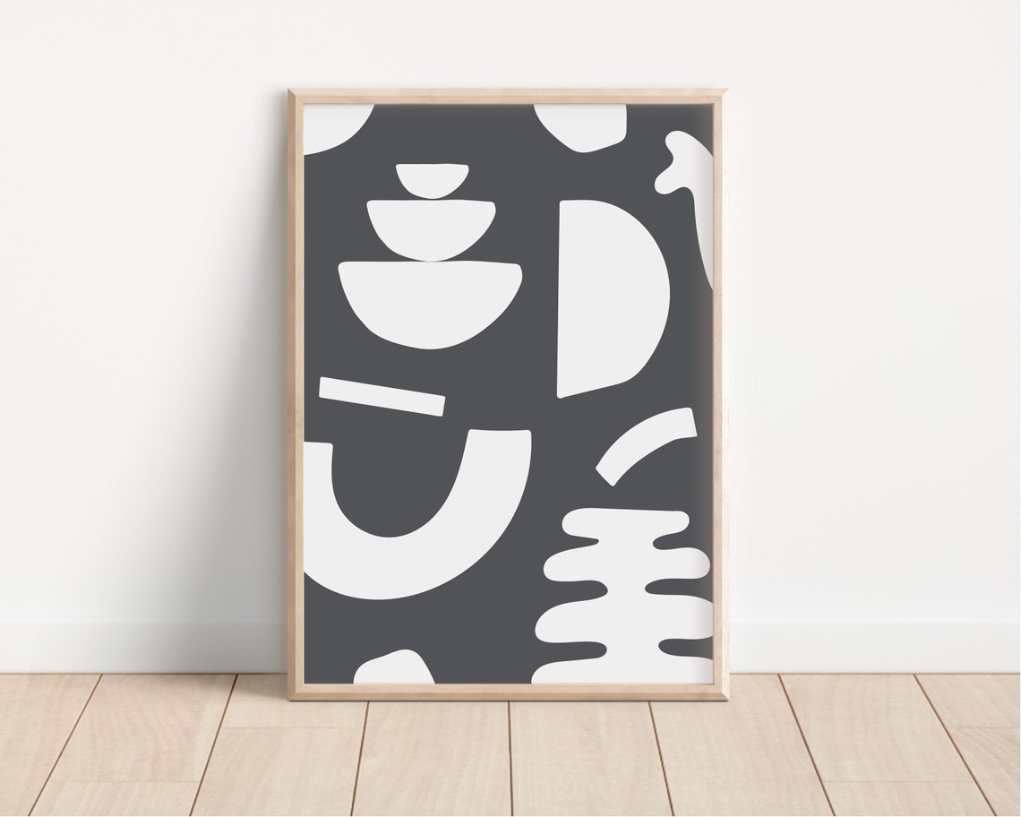 Dark Grey Abstract Organic White Shapes Modern Minimalist Art Poster