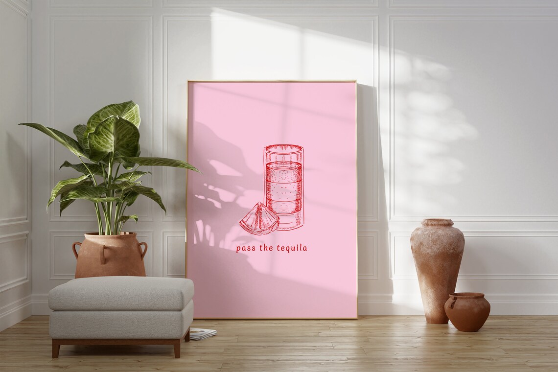 Pass The Tequila Shot Glass Red Line Art Pink Bar Party Decor Poster - Image 2