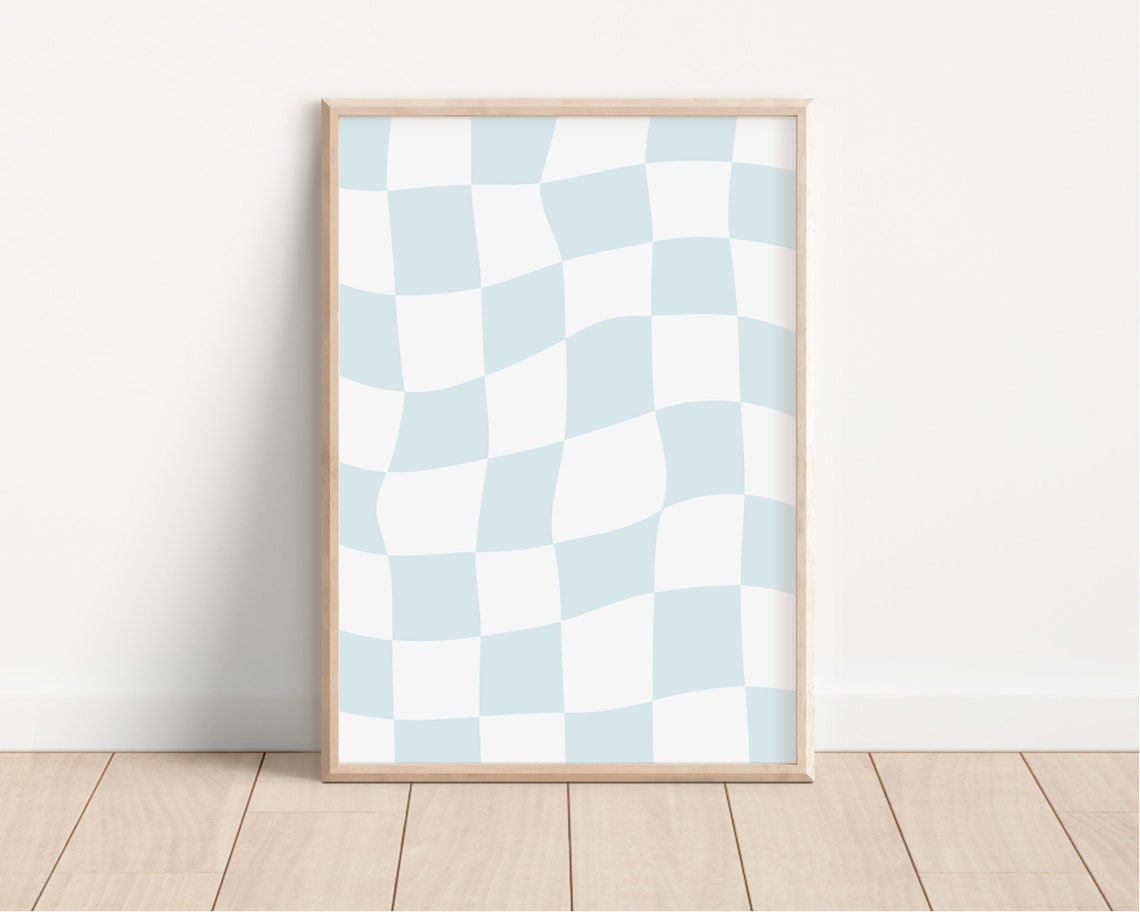 Blue Wavy Checkerboard Trendy Pastel Checkered Dorm Room Poster