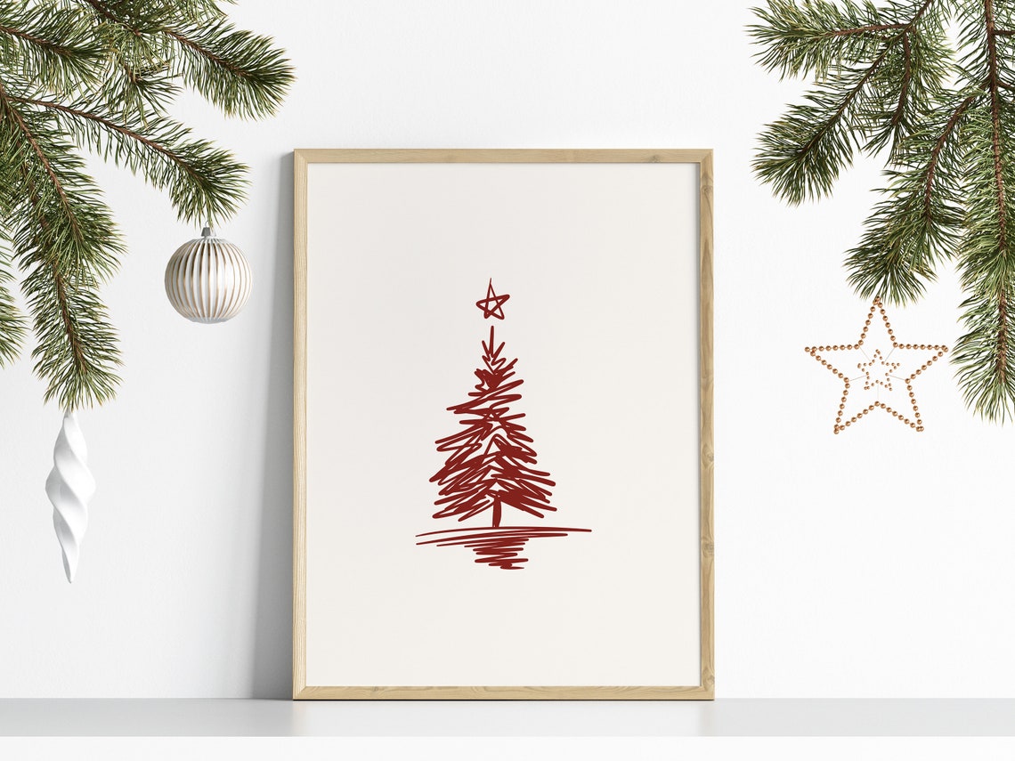 Red Sketch Christmas Tree Star Topper Cream Minimalist Poster