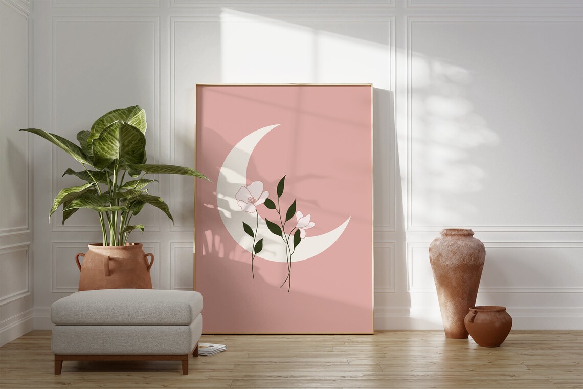 Moon and Flowers Pink Celestial Art Print - Image 2