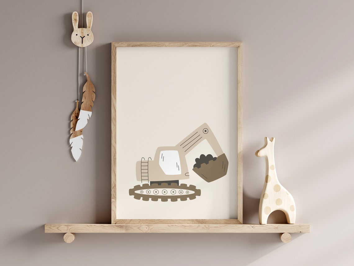 Beige Excavator Digger Neutral Nursery Construction Truck Poster