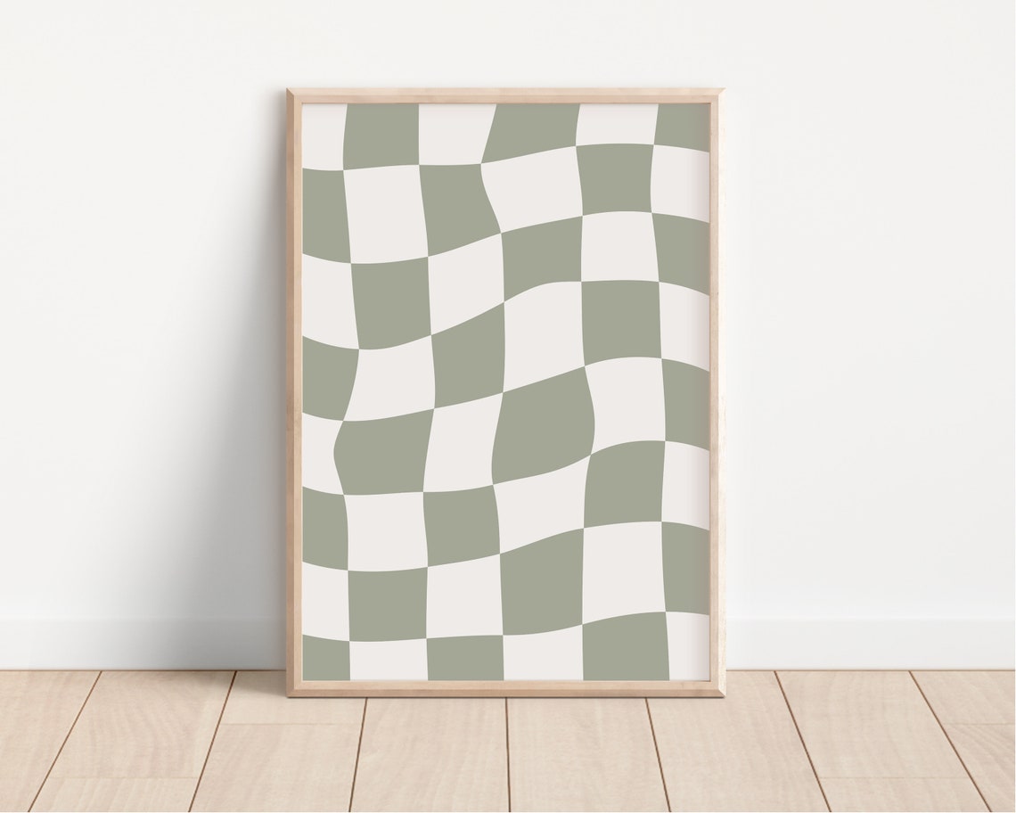 Sage Green Wavy Checkerboard Trendy Retro Checker Pattern Poster - Image 3