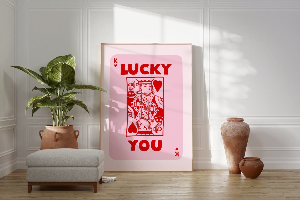 Lucky You King Of Hearts Playing Card Pink Trendy Decor Poster - Image 2