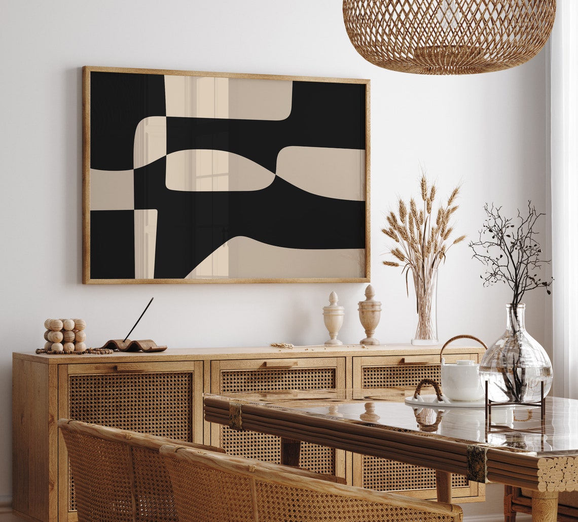 Black Beige Abstract Geometric Poster Mid Century Organic Shapes Art