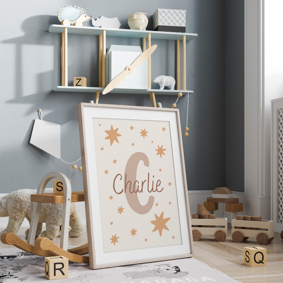 Milo Personalized Name Initial Mustard Stars Nursery Baby Poster - Image 3