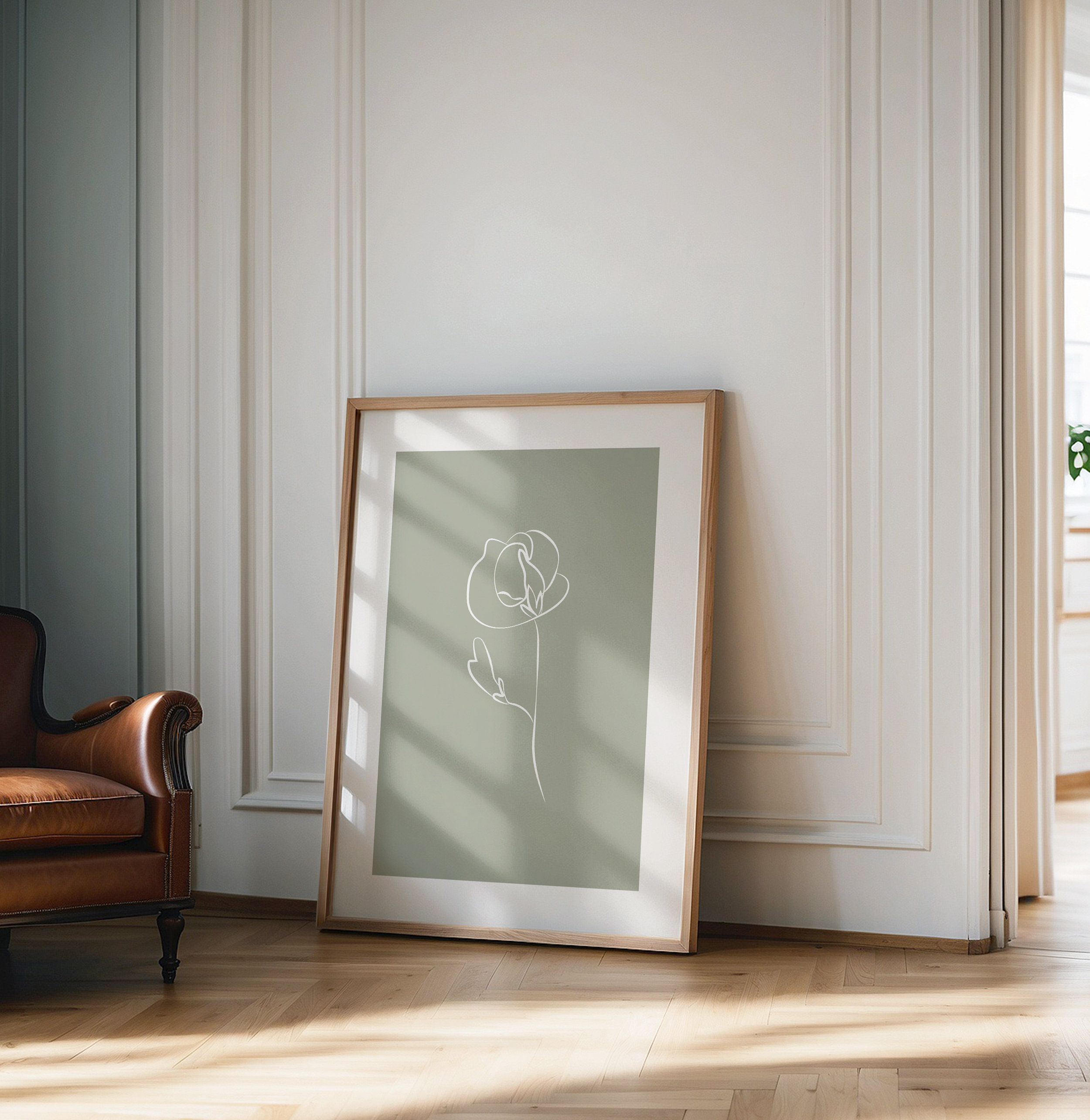 Sage Green Botanical Line Art Poster Minimalist White Flower Drawing