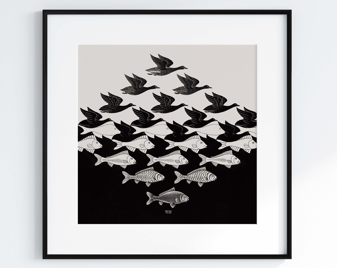 MC Escher Sky and Water Birds Fish Tessellation Monochrome Poster