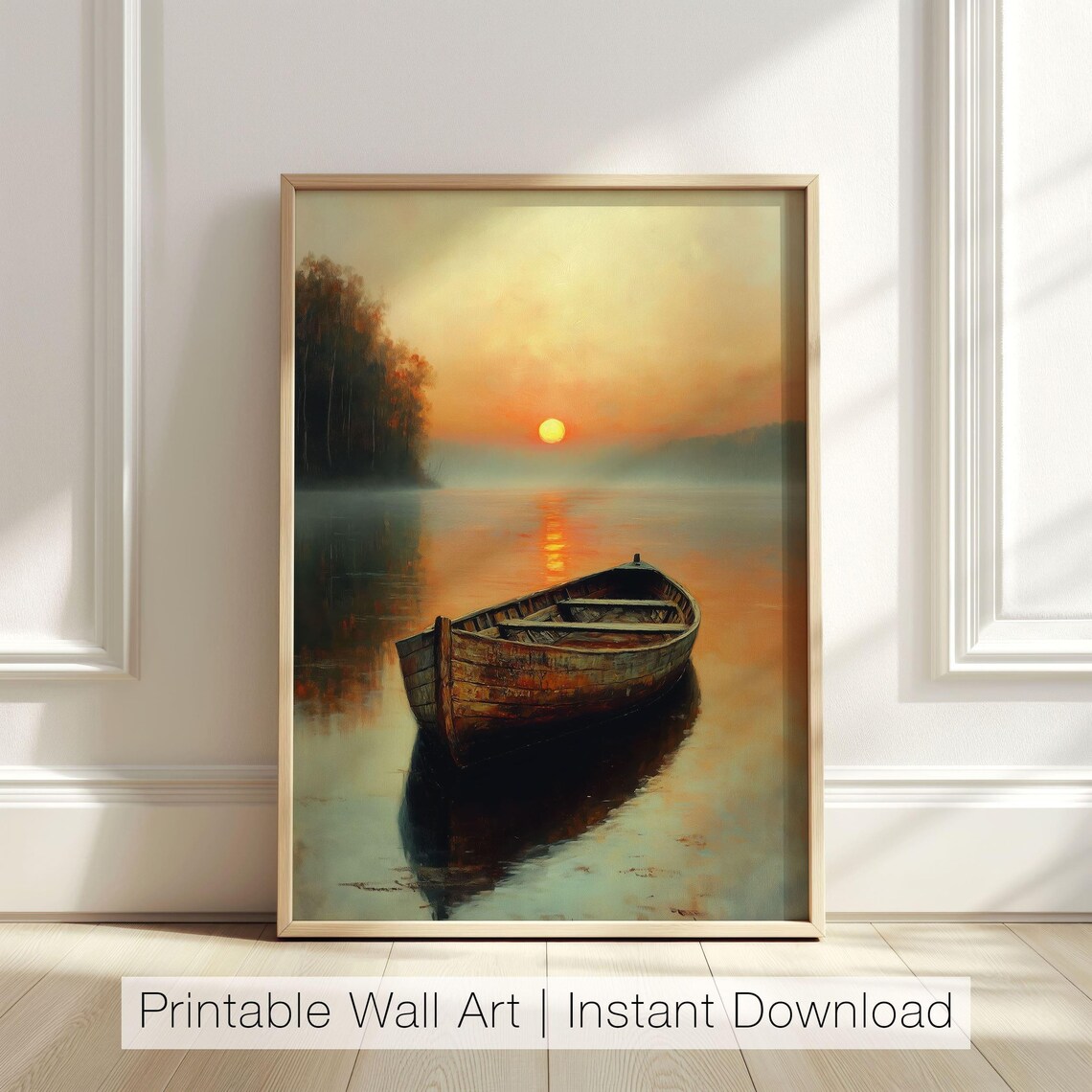 Rustic Boat At Sunset, Lake Reflection Art Print