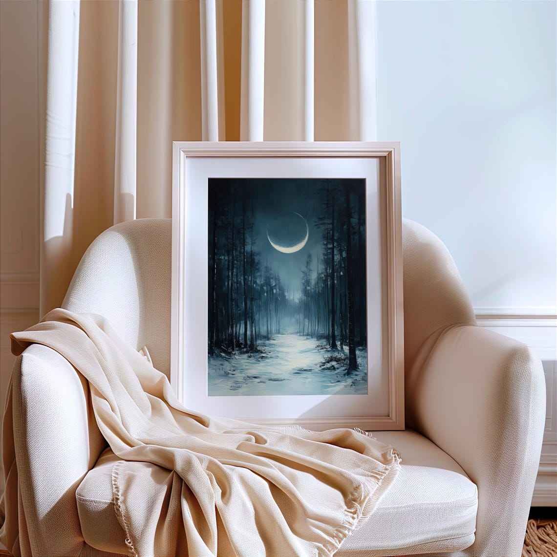 Dark Moonlit Pine Forest Path With Glowing Crescent Moon Poster - Image 4