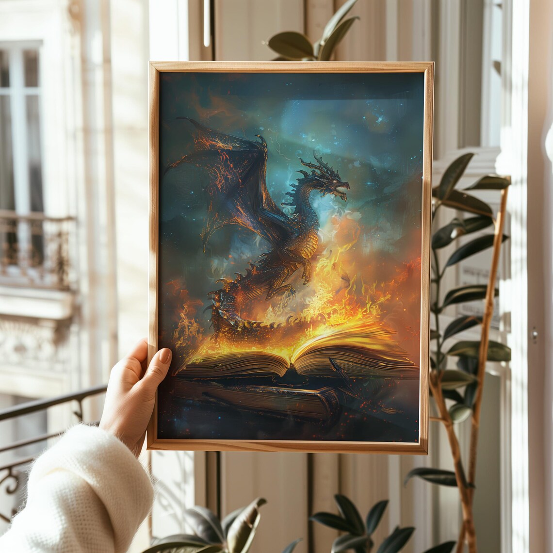 Fiery Dragon Rising From Burning Book Epic Fantasy Art Poster - Image 3