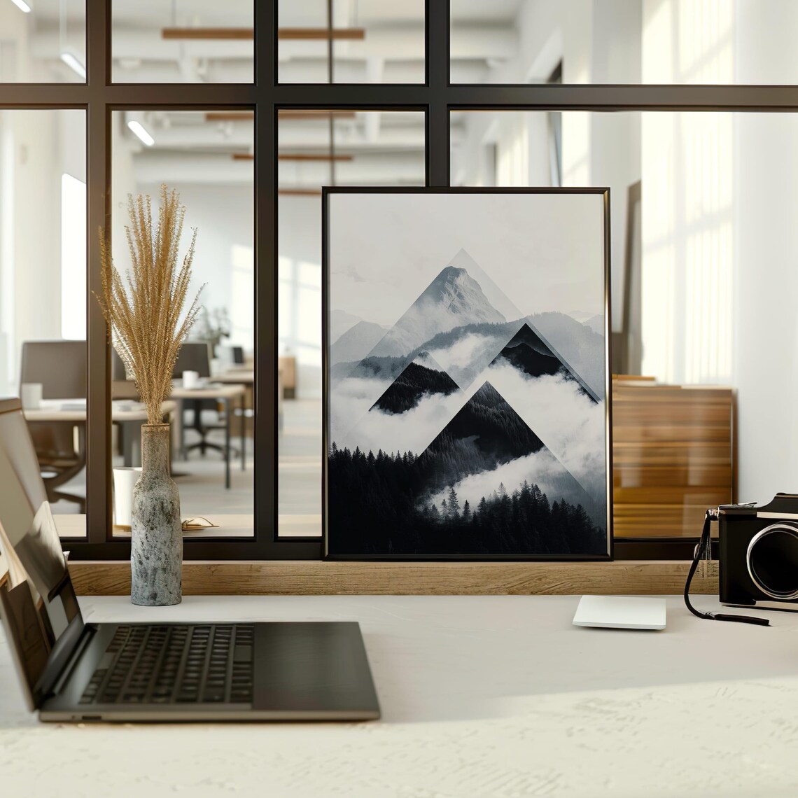 Geometric Triangle Black and White Foggy Mountain Landscape Poster - Image 3