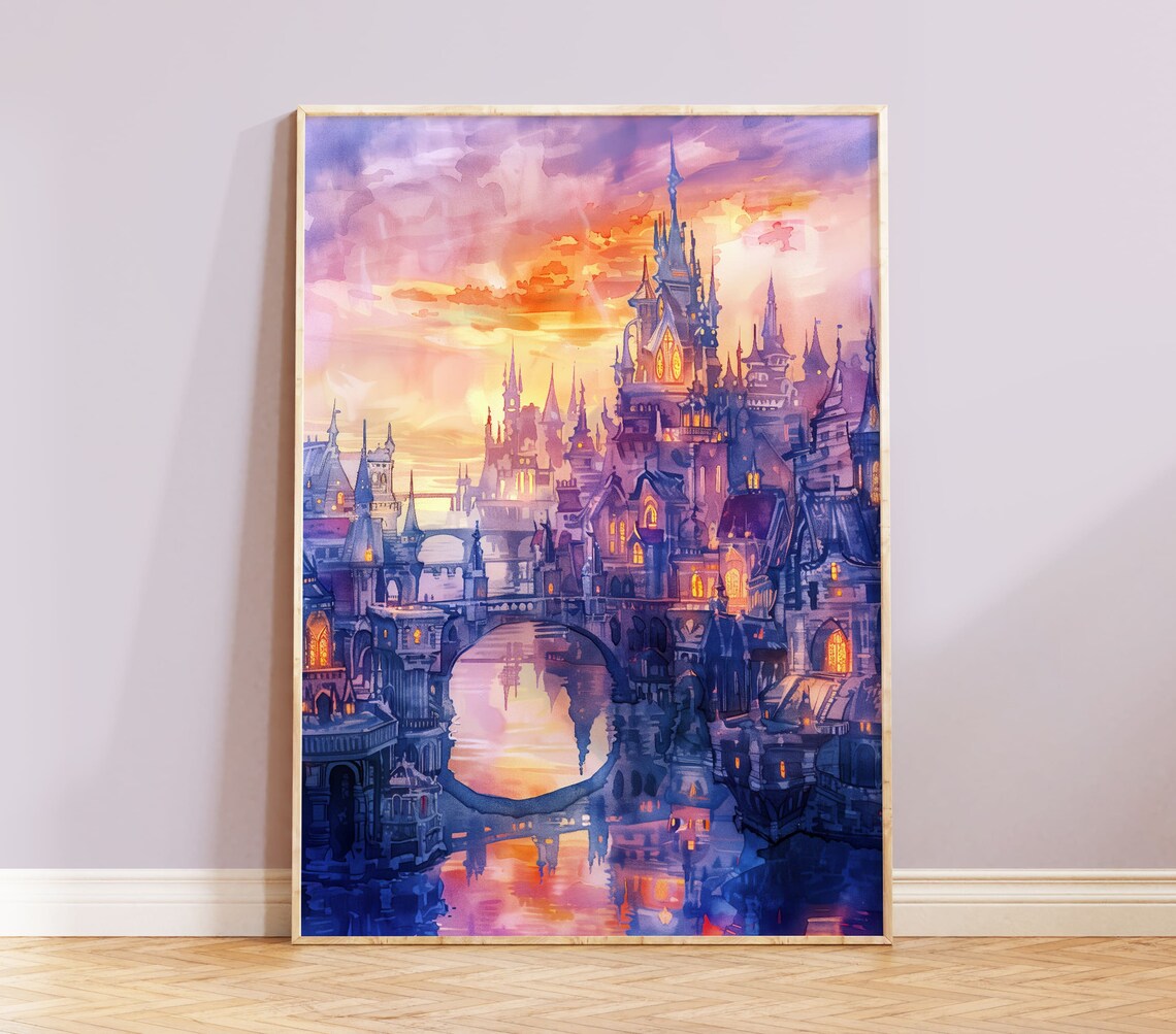 Magical Castle Watercolor Art Print, Fantasy Sunset