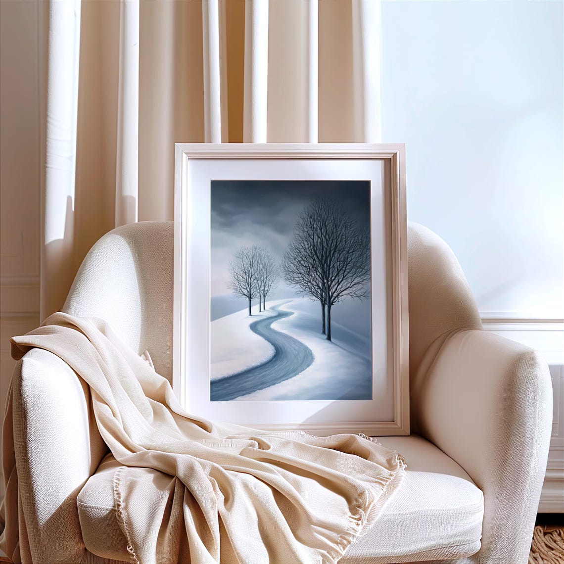 Minimalist Winding Winter Road Through Snowy Bare Trees Poster - Image 7