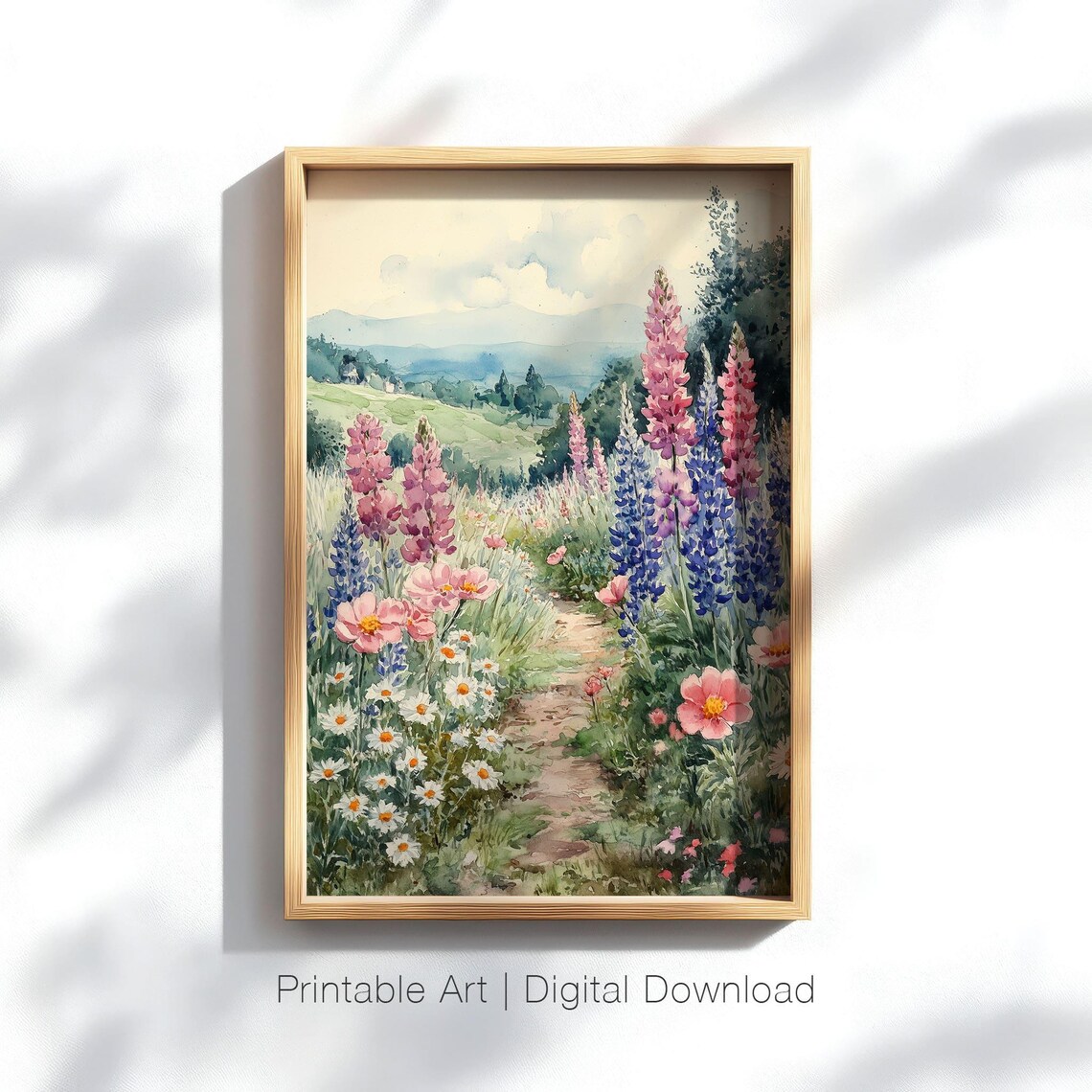 Watercolor Wildflower Path Pink Lupines Daisies Rolling Hills Spring Poster