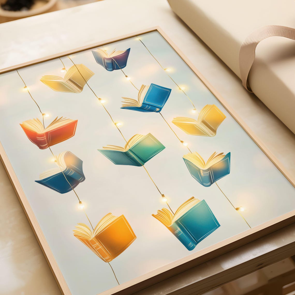 Colorful Floating Books With Fairy Lights Library Art Poster - Image 5