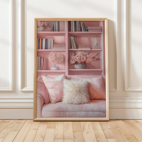 Pink Home Library Bookshelf Cozy Reading Nook Roses Decor Wall Art