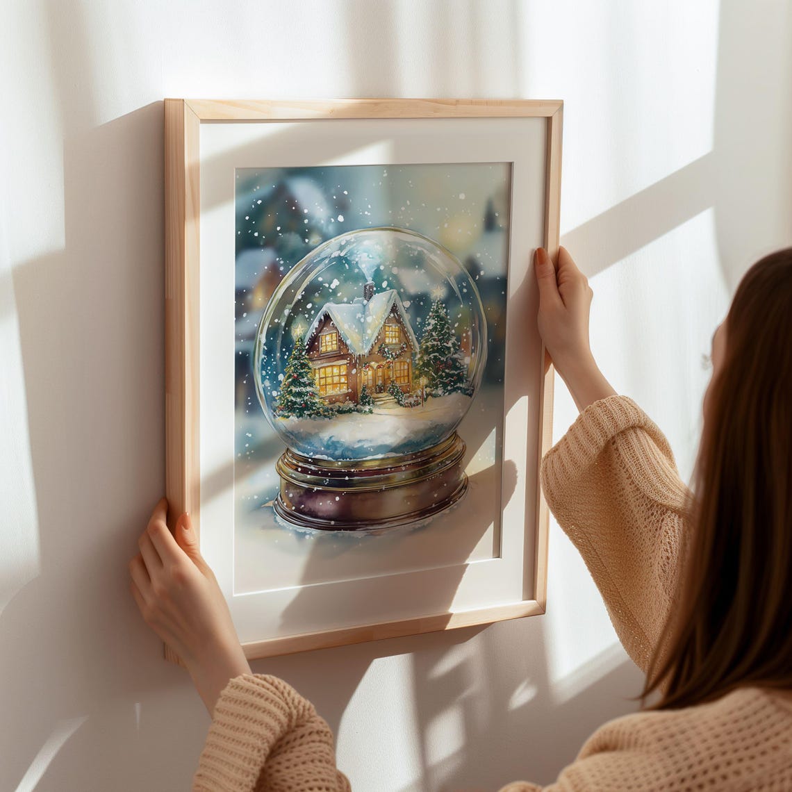Christmas Snow Globe with Glowing Cottage and Falling Snow Art Poster - Image 4