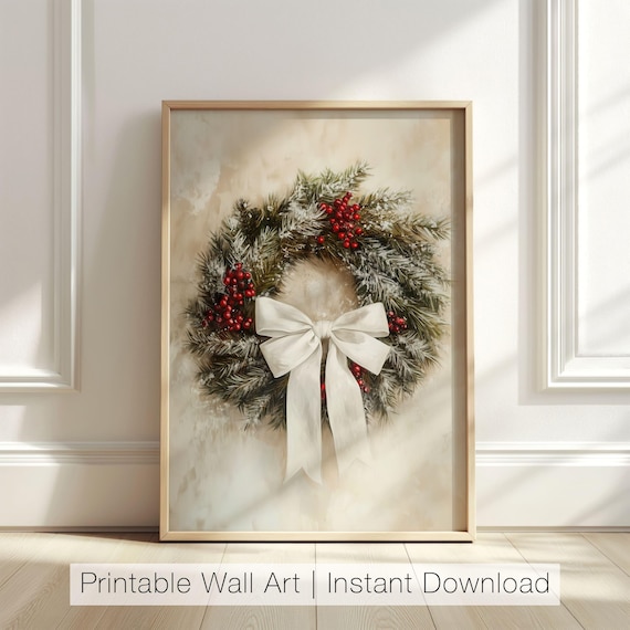 Vintage Christmas Wreath With White Bow Red Berries Pine Poster