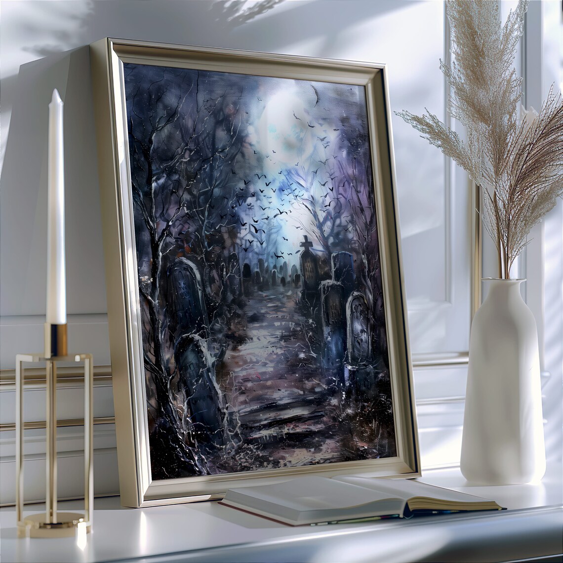 Haunted Cemetery Full Moon Bats Spooky Night Painting Art Poster - Image 8