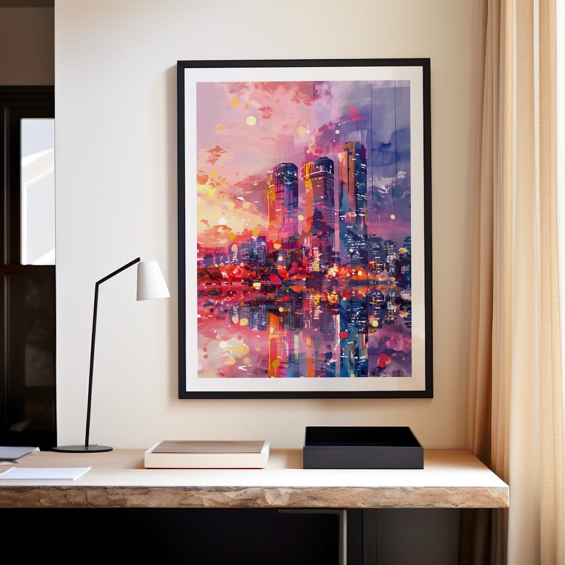 Modern Cityscape Sunset Neon Watercolor Urban Skyline Decor Wall Art - Image 4