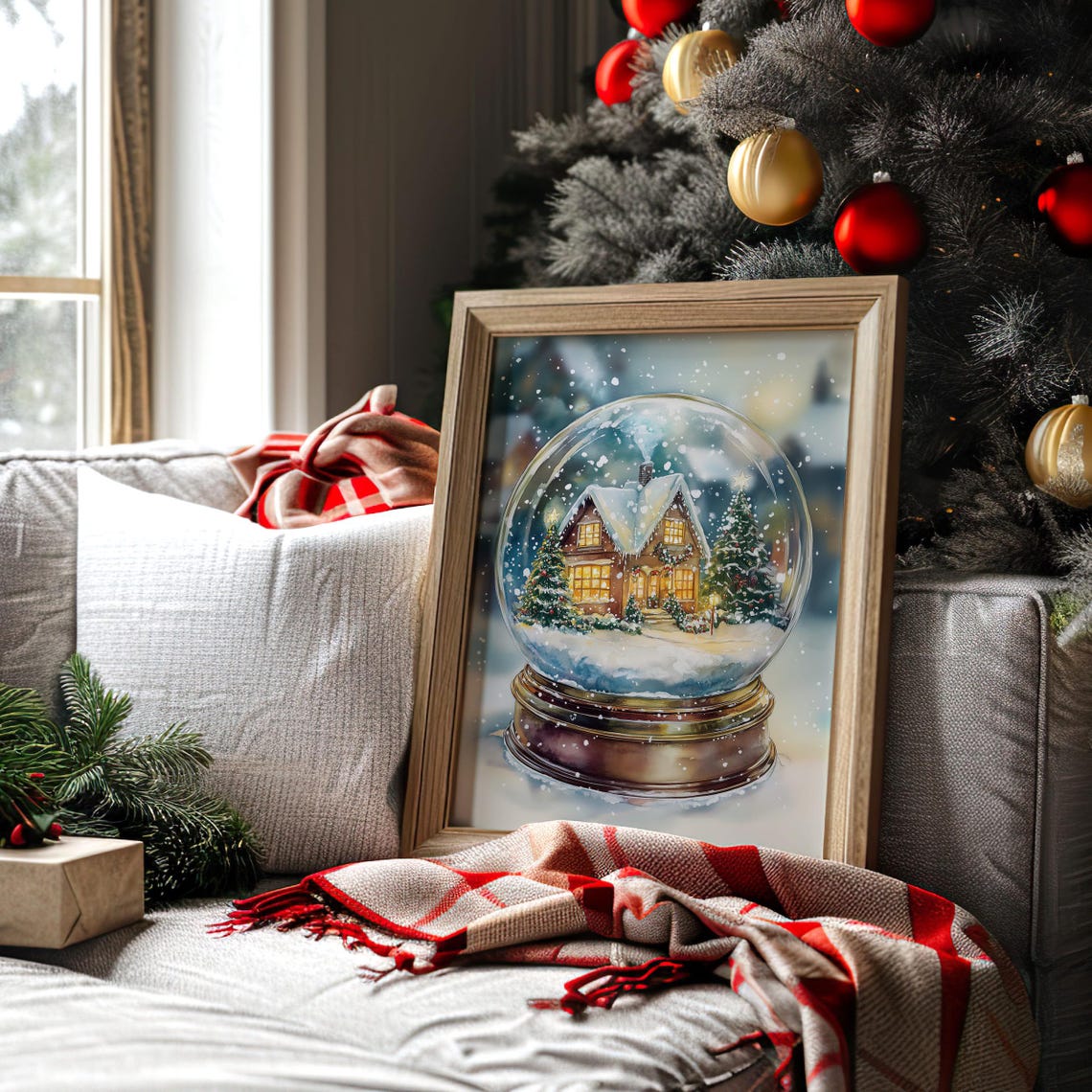 Christmas Snow Globe with Glowing Cottage and Falling Snow Art Poster - Image 2
