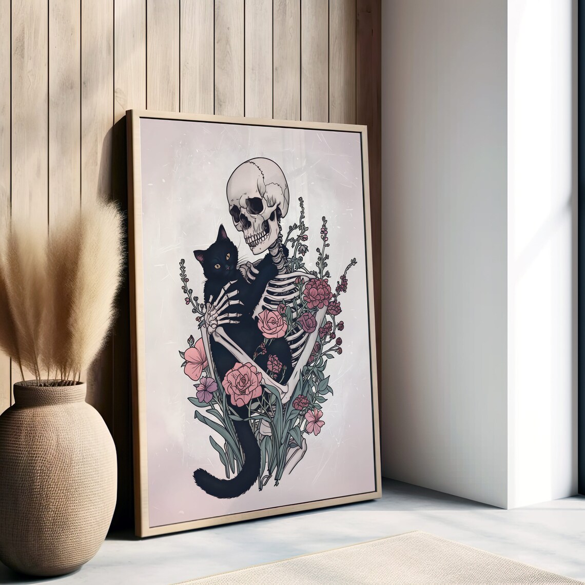 Gothic Skeleton With Cat, Dark Floral Art Print - Image 3