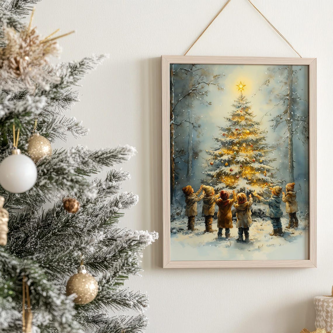 Six Children Around Glowing Christmas Tree Snowy Woods Poster - Image 7