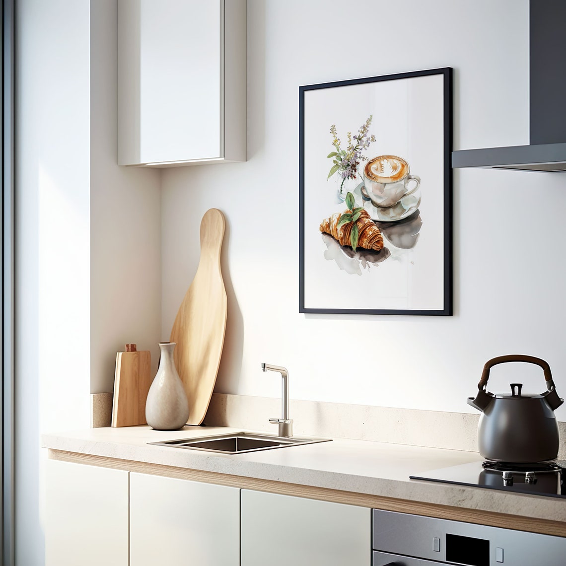 Coffee Latte Art Croissant Watercolor Breakfast Kitchen Print - Image 3