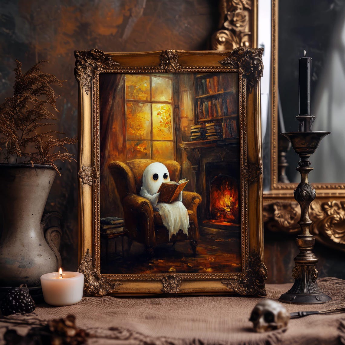 Cozy Ghost Reading by Fireplace in Dark Academia Library Poster - Image 7
