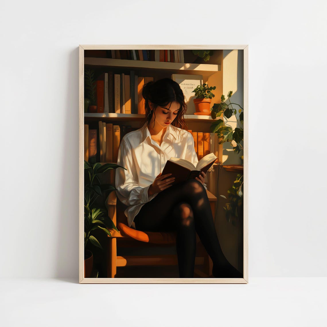 Woman Absorbed In A Book In Sunlit Home Library Corner Poster - Image 8