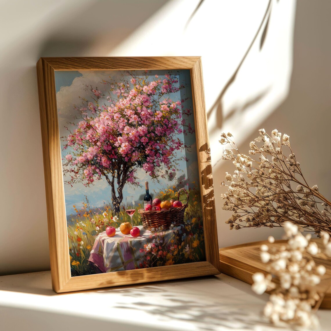Spring Picnic Blooming Tree Wine Basket Apples Countryside Meadow Poster - Image 2