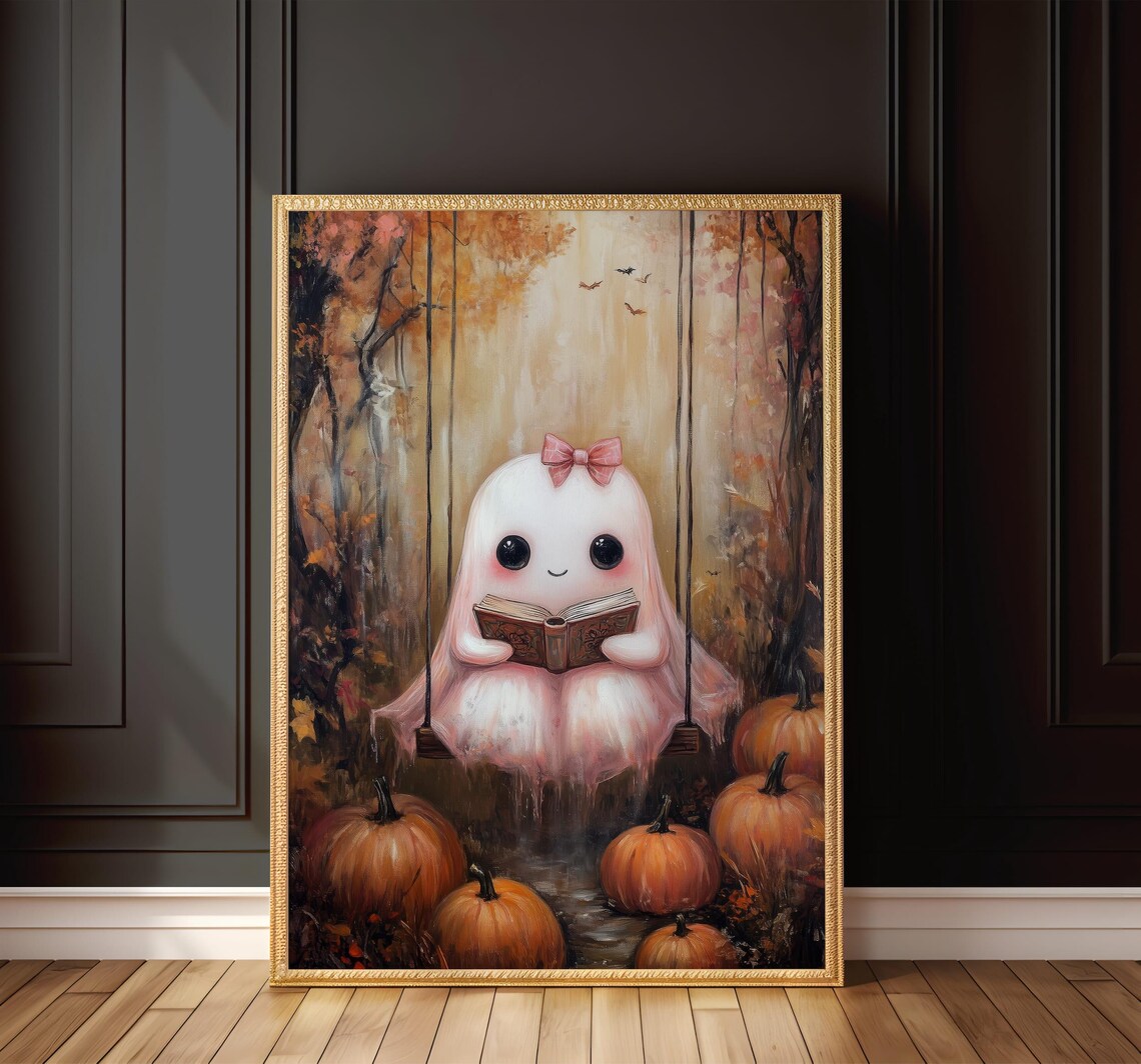 Pink Ghost Reading Art Print Cute Halloween Wall Decor Cozy Fall Book Lover Print Autumn Ghostly Art