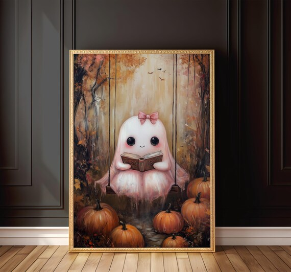 Pink Ghost Reading Art Print Cute Halloween Wall Decor Cozy Fall Book Lover Print Autumn Ghostly Art