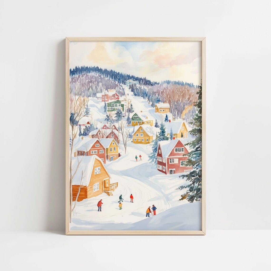 Snowy Winter Village Watercolor Ski Town Scene Holiday Art Poster - Image 8