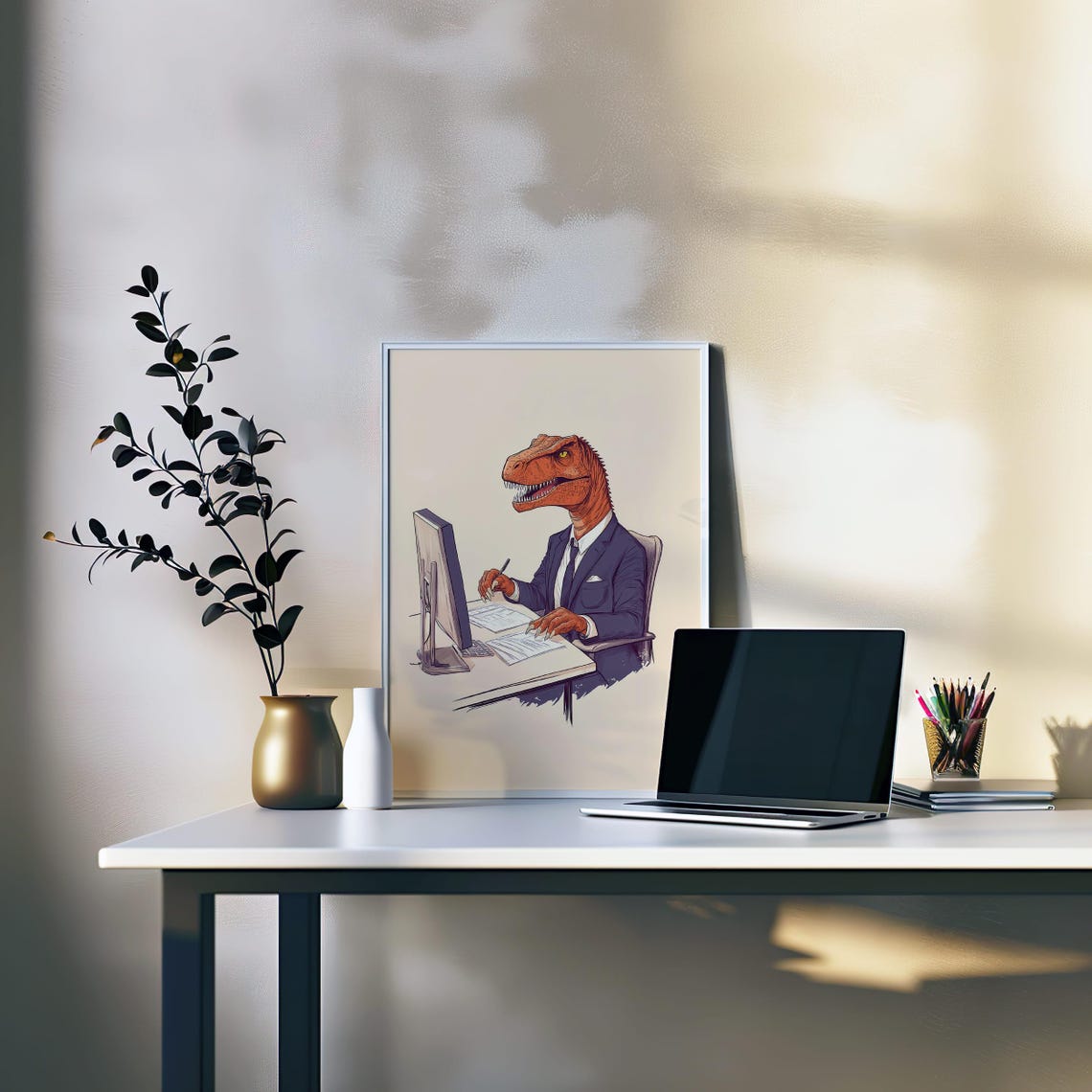 Funny T Rex In Suit Office Dinosaur Humor Workplace Art Poster - Image 2