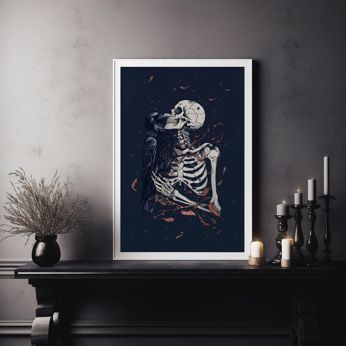 Dark Skeleton And Raven Amid Falling Leaves Gothic Fantasy Art Poster - Image 5