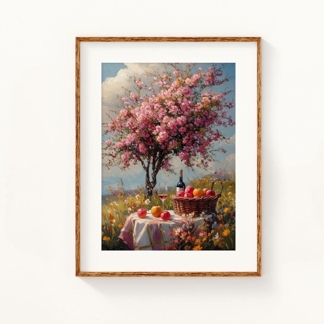 Spring Picnic Blooming Tree Wine Basket Apples Countryside Meadow Poster - Image 3