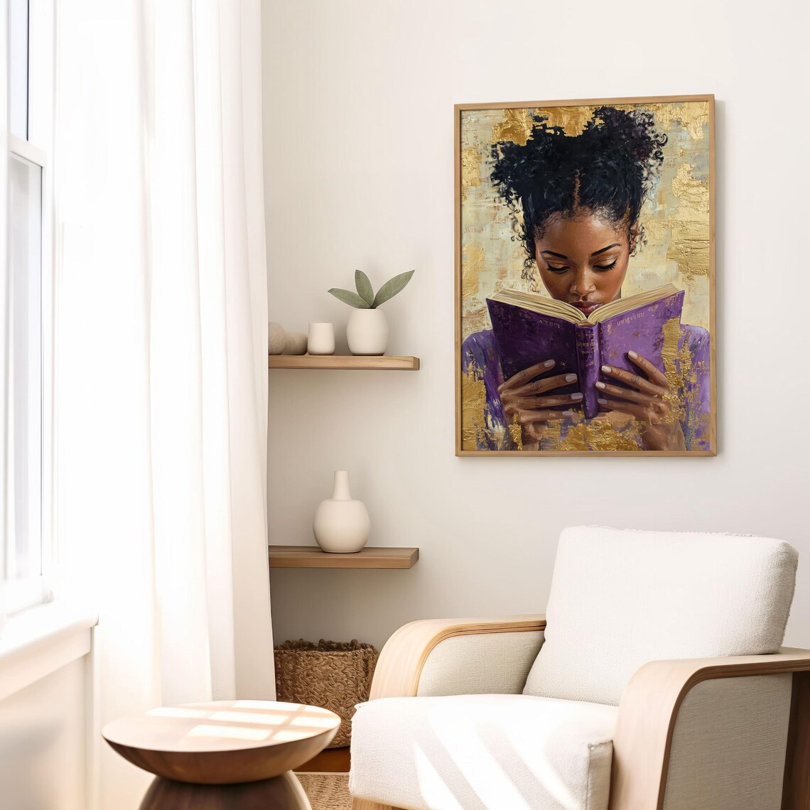 African American Woman Reading Purple Book Gold Leaf Art Poster - Image 2