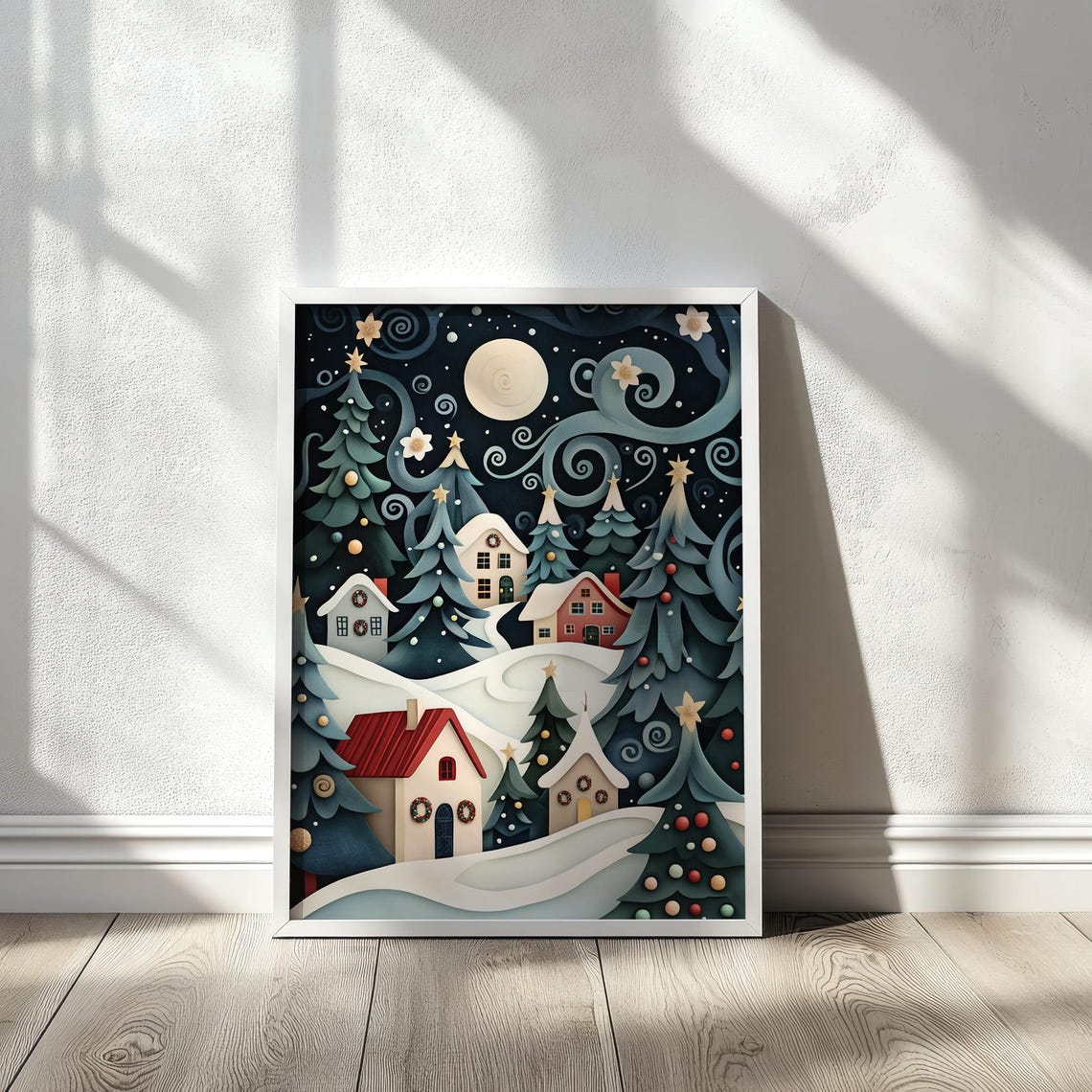 Whimsical Snowy Night Village Paper Cut Style Christmas Poster - Image 3