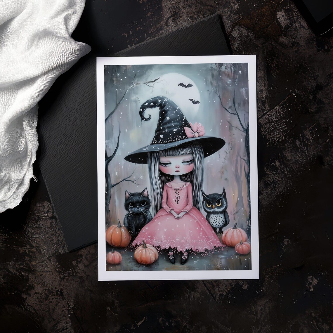 Cute Witch Girl With Cat Owl Moon Pink Halloween Fantasy Art Poster - Image 5