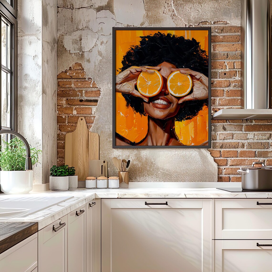 Vibrant Black Woman Holding Orange Slices Over Her Eyes Poster - Image 2
