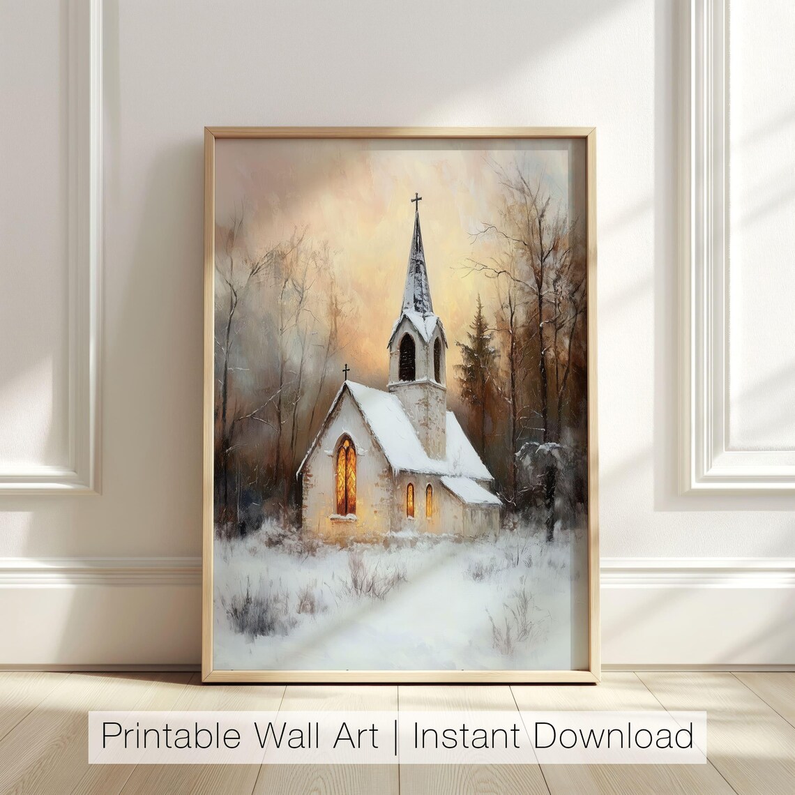 Vintage Winter Church Art Print, Rustic Landscape