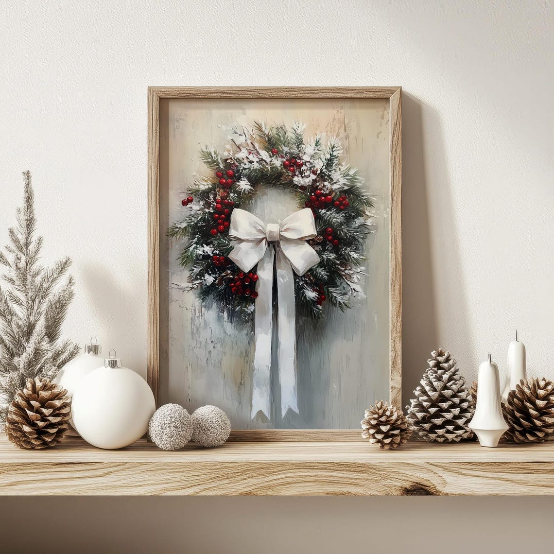Vintage Christmas Wreath White Bow Rustic Holiday Art Poster - Image 3