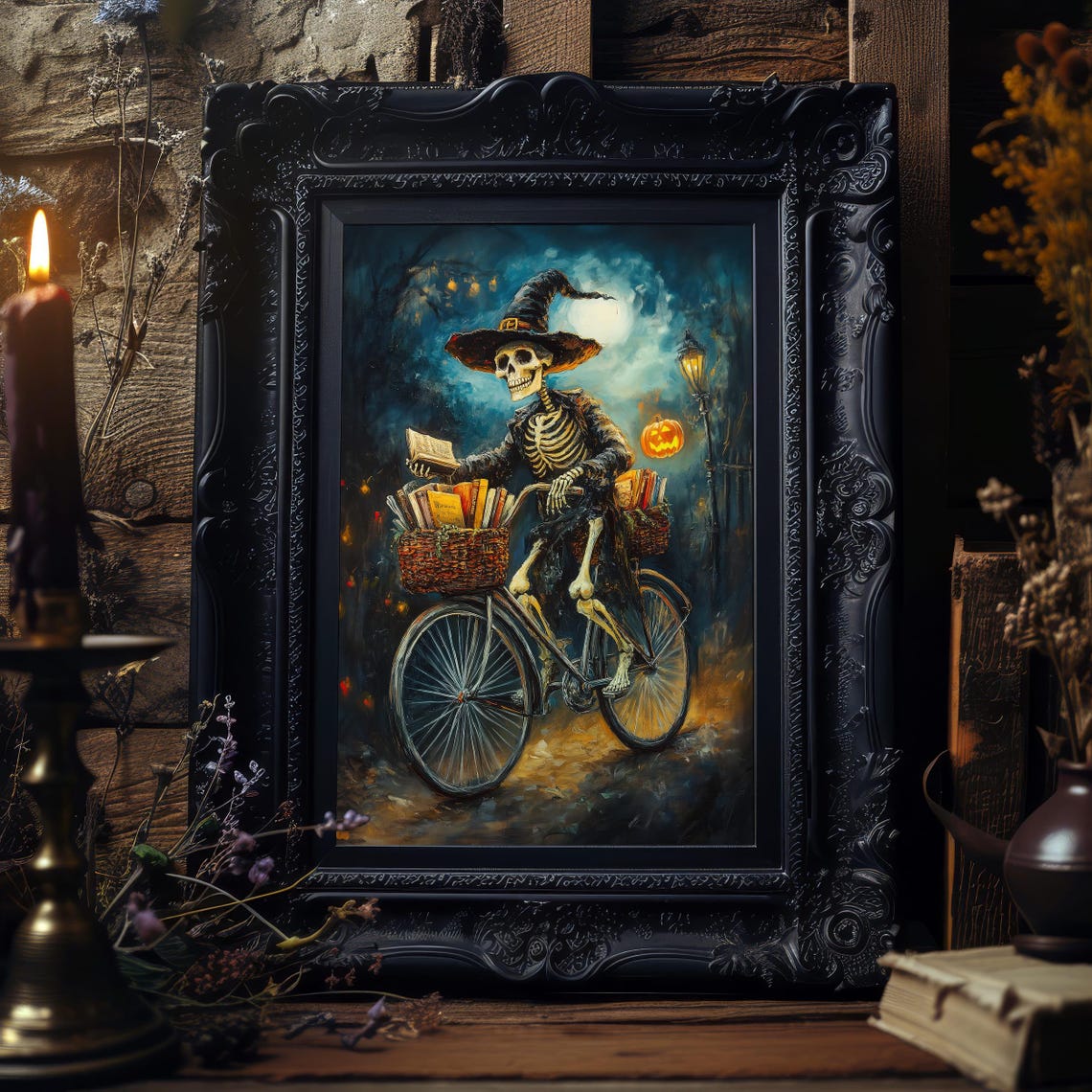 Skeleton Witch Riding Bicycle With Books On Halloween Night Poster - Image 4