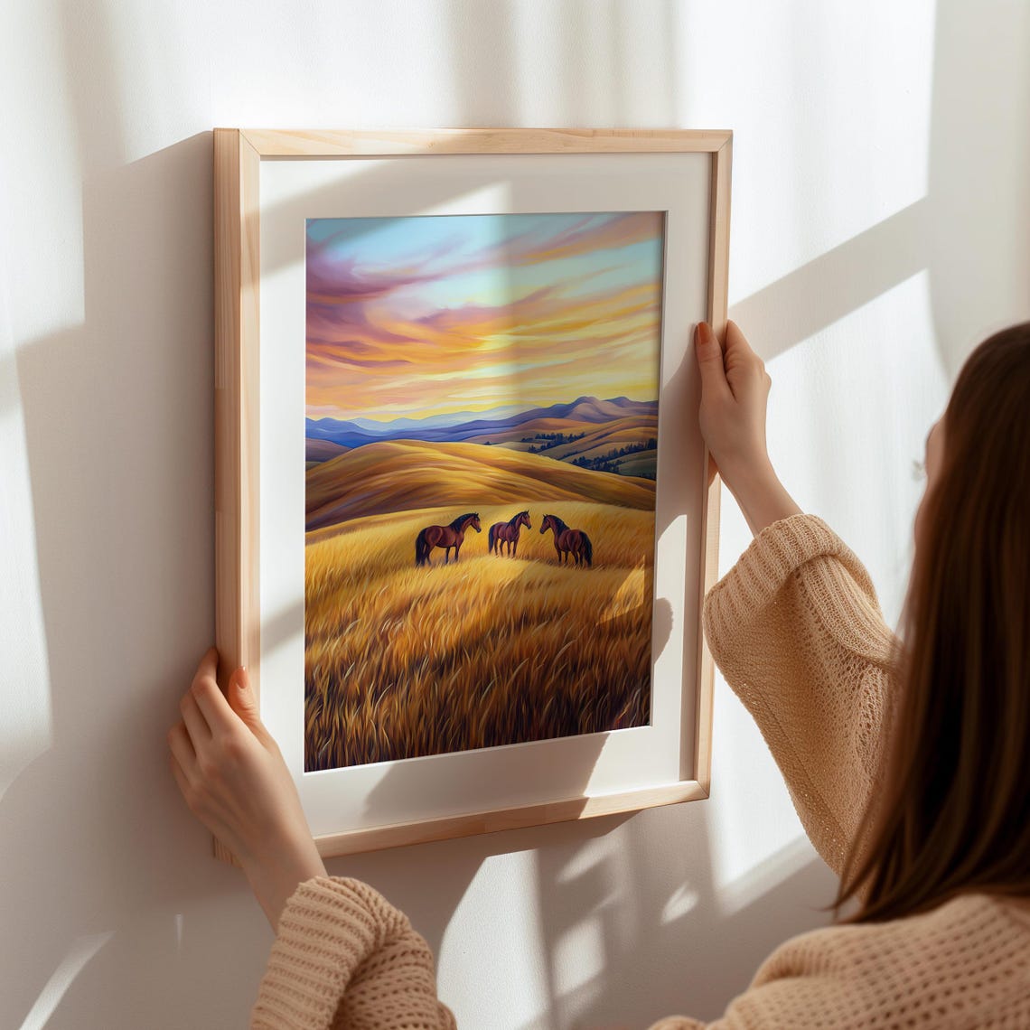 Three Wild Horses in Golden Sunset Prairie Wheat Field Poster - Image 7