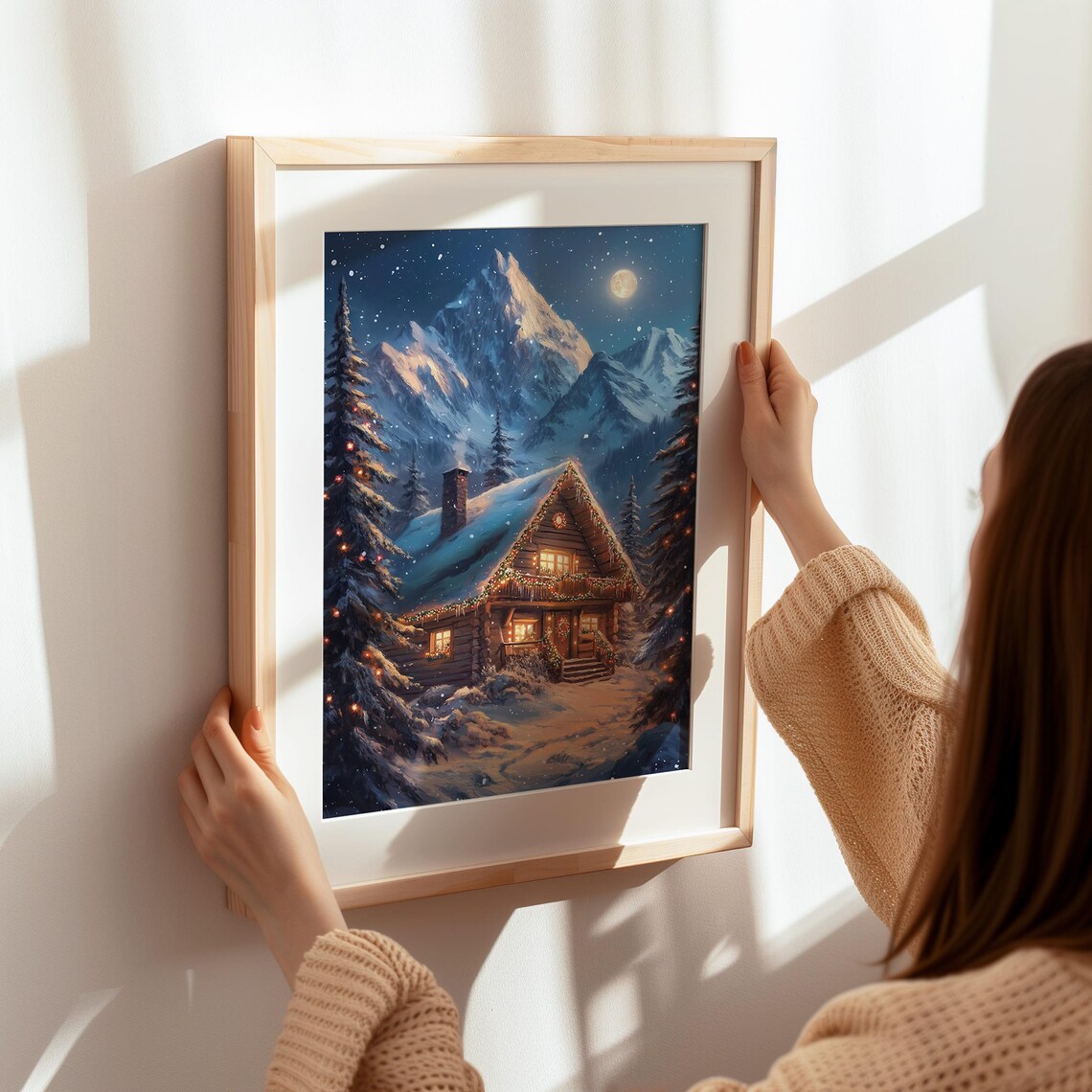 Christmas Cabin with Twinkling Lights Under Full Moon Snowy Night Poster - Image 6
